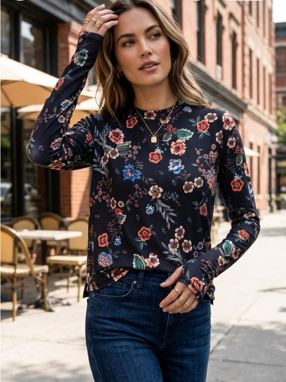 Johnny Was Ardell Mock Floral Tee Neck Stem Hem Long Sleeve with Thumb hole